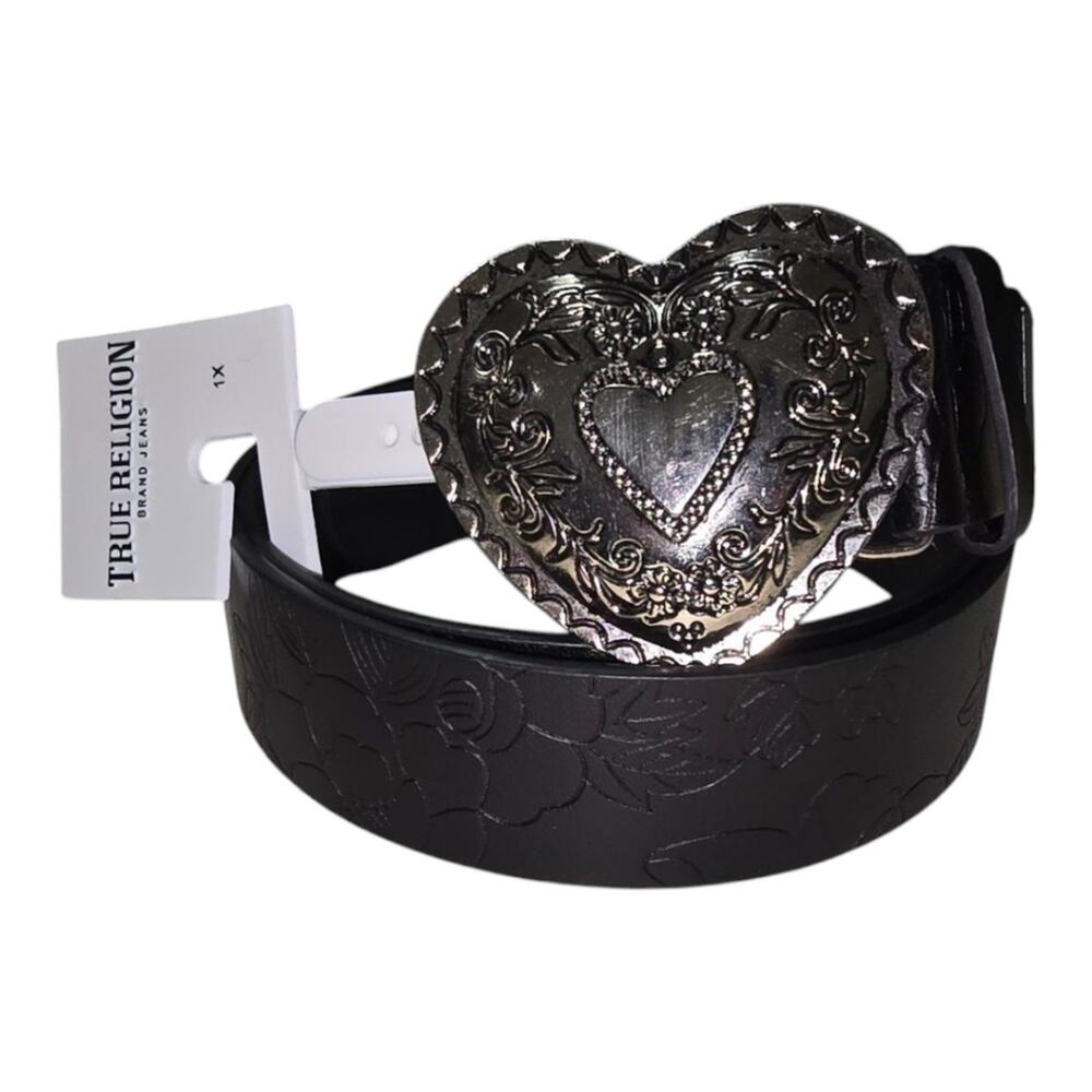 True Religion Womens 1X Black Floral Embossed Belt Silver Heart Buckle NWT